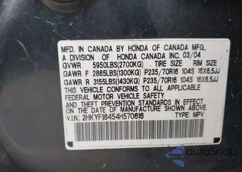 2004 Honda Pilot Ex from USA, damaged, VIN 2HKYF18454H570616